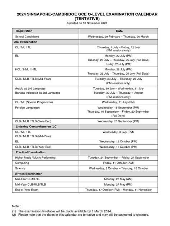 2022 GCE O-level Examination Calendar (Tentative)