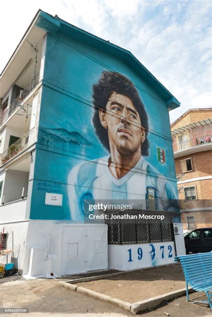 A mural of Diego Armando Maradona drawn on the buildings of the Spanish Quarters of Naples. Photo / Getty
