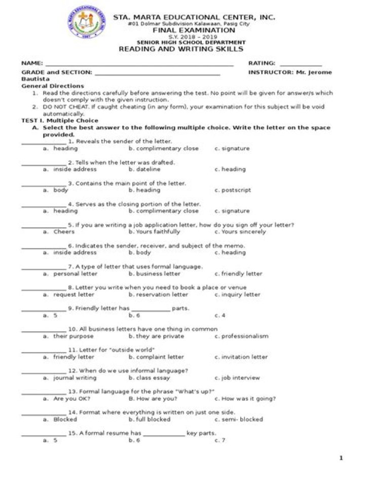 Examination writing skills
