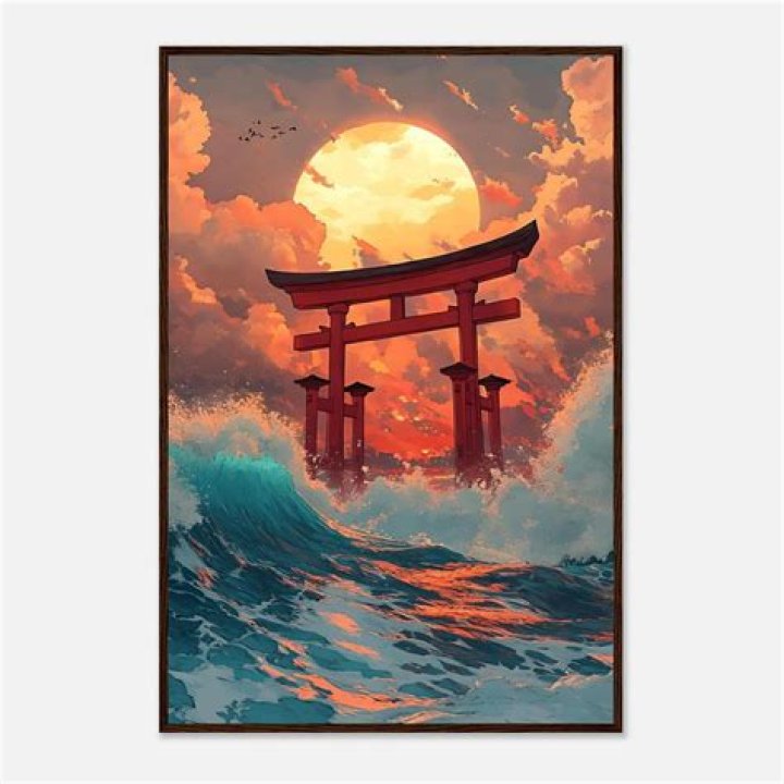 japanese torii framed by sunshine and mist