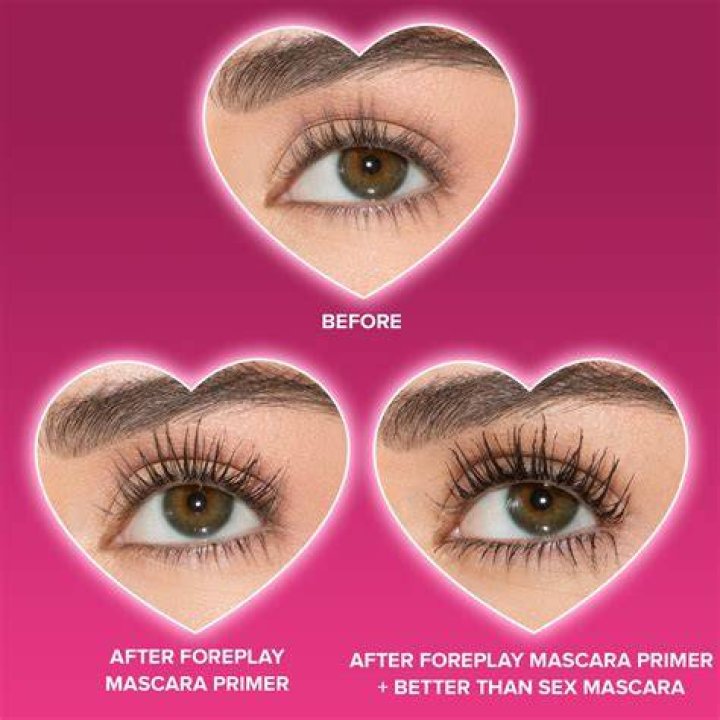 left is better than sex brown mascara, right is model wearing the mascara