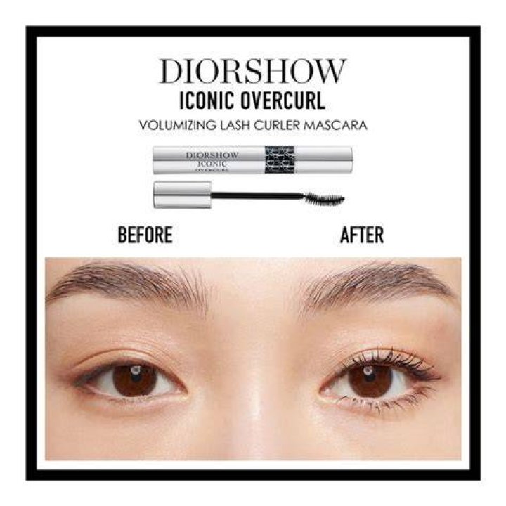 left is dior iconic overcurl, right is model wearing the mascara