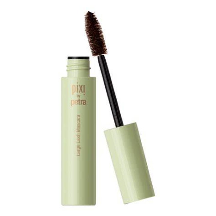 left is pixi brown mascara, right is model wearing the mascara