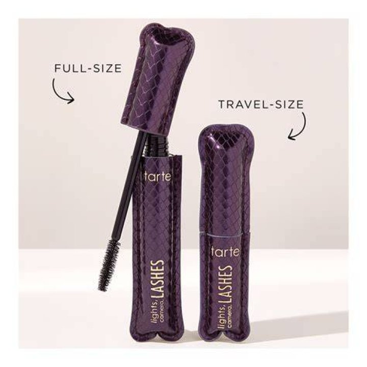 left is tarte lights camera lashes mascara, right is model wearing the mascara