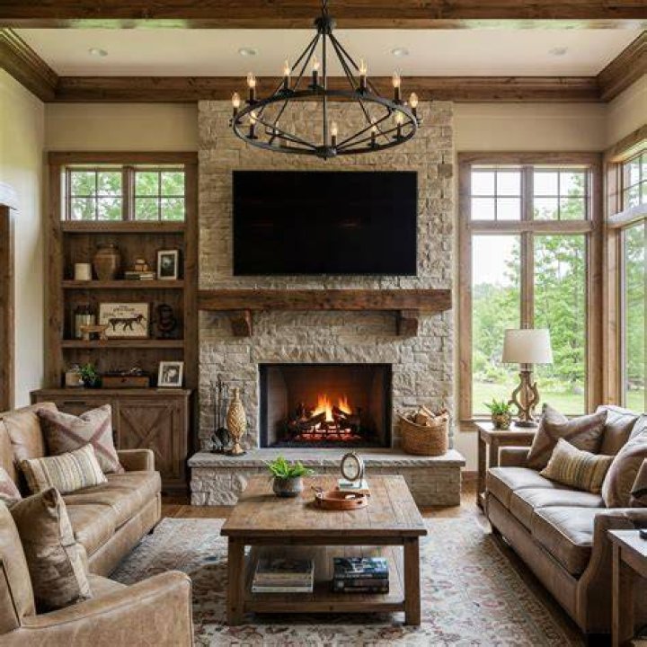 Living room with brick-lined fireplace