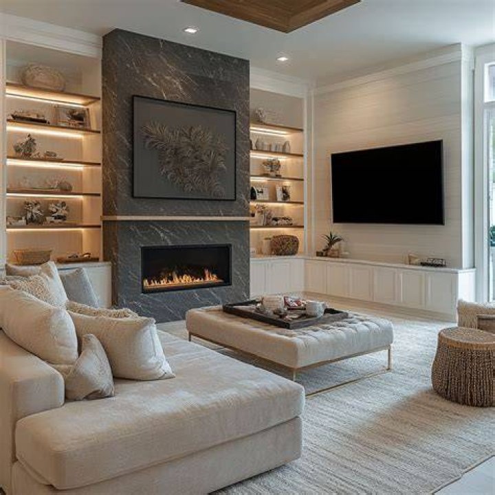 Living room with fireplace and East River views