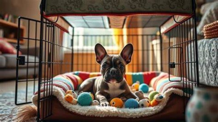Puppy bulldog in a kennel