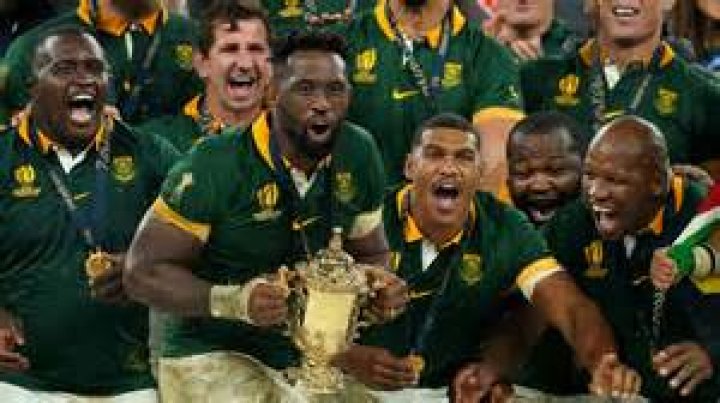 The Springbok players lift the rugby world Cup trophy after they won the 2023 Rugby World Cup in France The Springbok players lift the rugby world Cup trophy after they won the 2023 Rugby World Cup in France