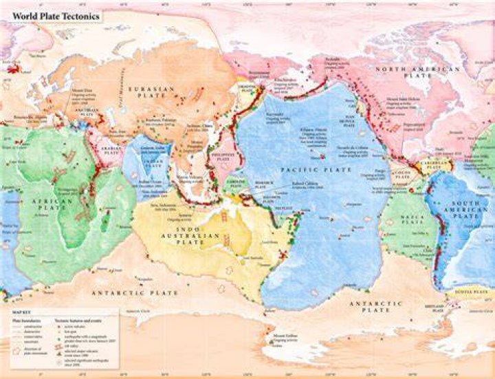 This map highlights the tectonic profile of Zealandia. The colours show continental crust in red, orange, yellow and brown hues and oceanic crust in blues. Image / GNS Science