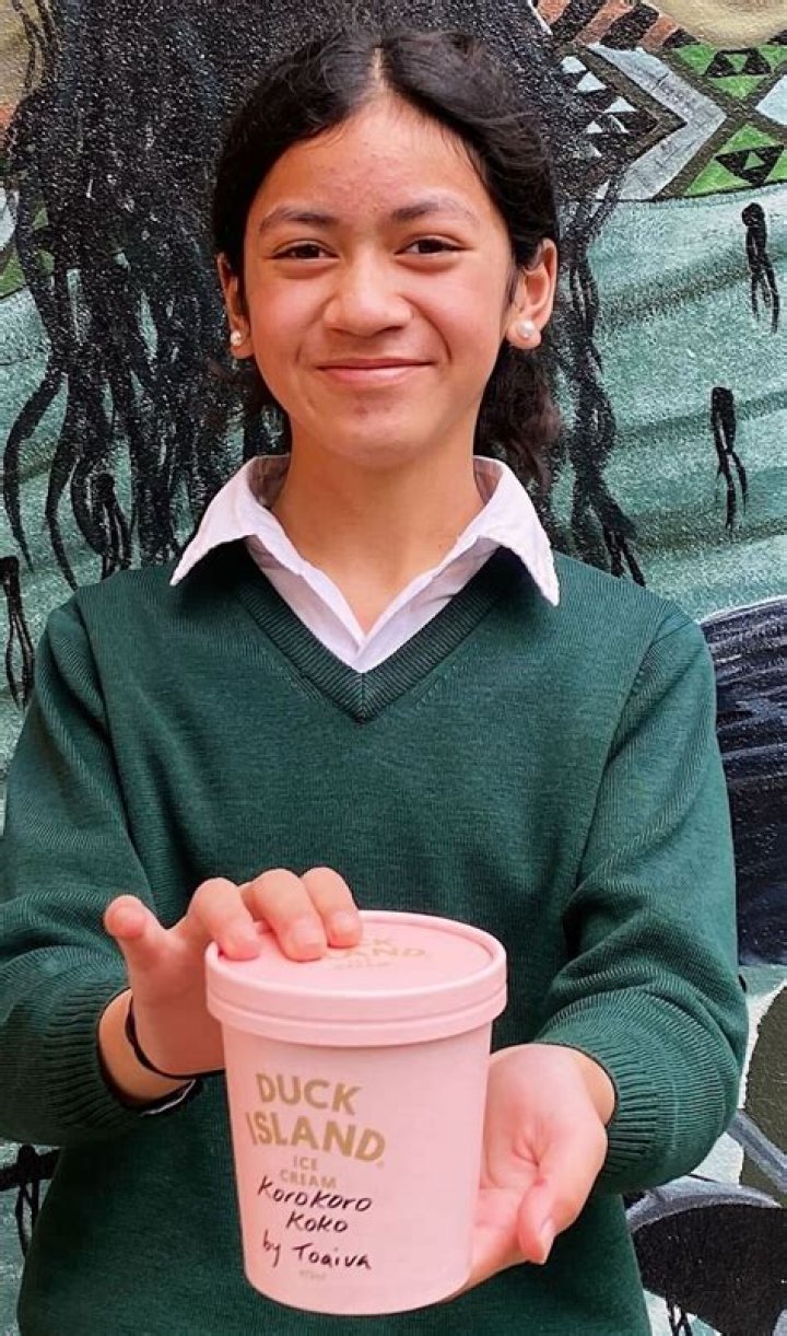 Toaiva Faafia, 12, is one of two runners-up with Korokoro Koko. A milk chocolate base , with rice and coconut along with chunks of honeycomb, rice bubbles, cacao nibs and chocolate shavings.