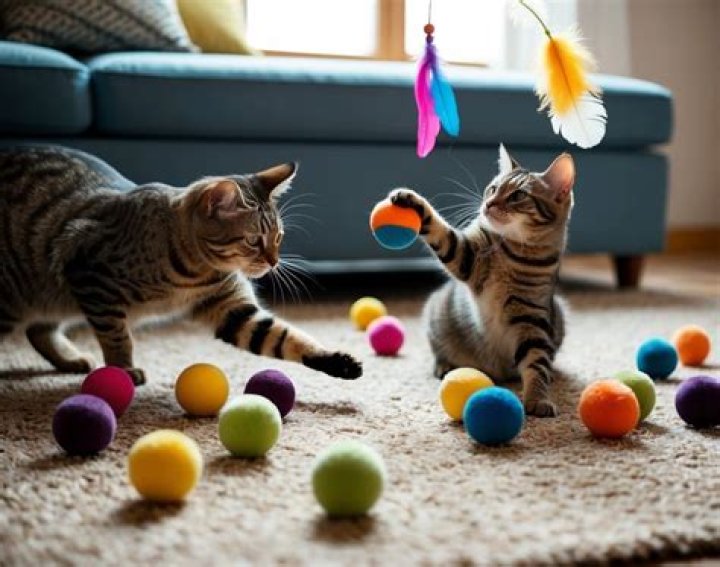 two cats playing with toy at home