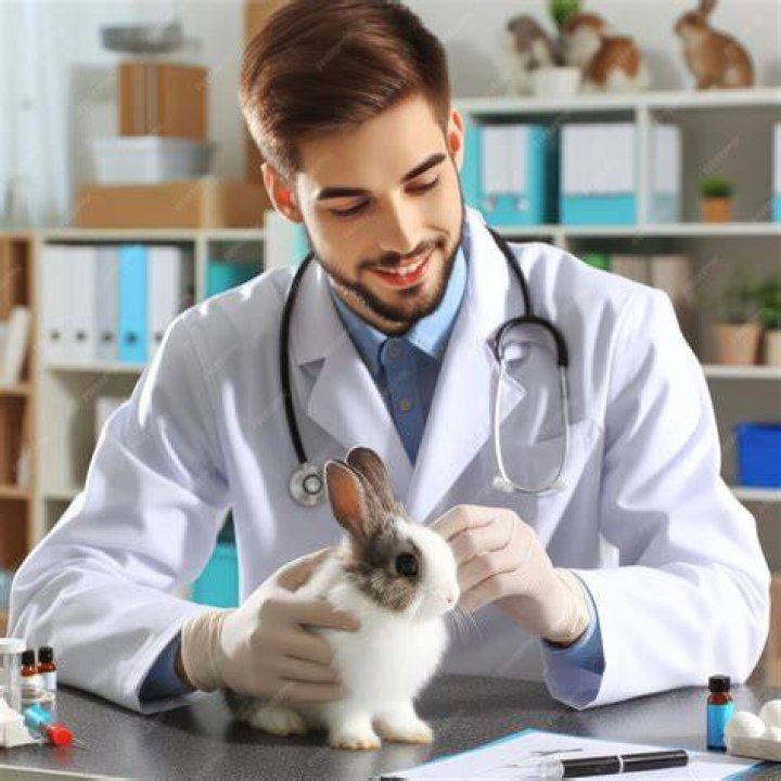 veterinarian doctor with small rabbit on hands on table in office