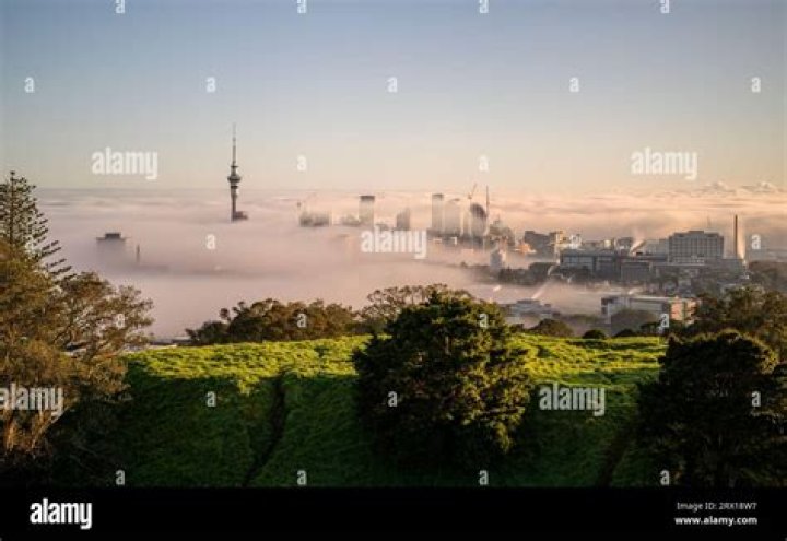 View of Auckland in fog from the Sky Tower. Photo / Michael Craig