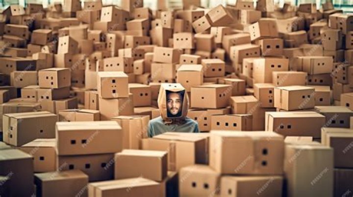 volunteer surrounded by cardboard boxes with a white shirt that says 